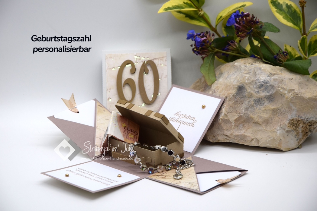 Explosionsbox Geburtstag personalisierbar | Geldgeschenk Mann | Reise Koffer | Motiv: vintage | taupe | Art. Nr. 02020715 20 30 60 70 50 40 80